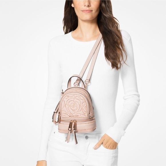 Michael Kors Rhea Mini Zip Studded Convertible Backpack bag pink rose gold - Picture 2 of 9
